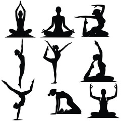 yoga silhouettes set, set of yoga poses , set of yoga icons  - obrazy, fototapety, plakaty