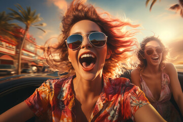 Portrait of happy friend woman in sunglasses at the beach sitting on the convertible car, enjoying summer vacation - obrazy, fototapety, plakaty