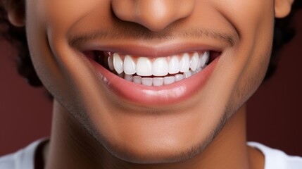 Close up smiling healthy clean teeth of man on white background