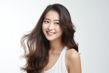 Portrait of a smiling confident Asian woman in a casual white singlet on white background