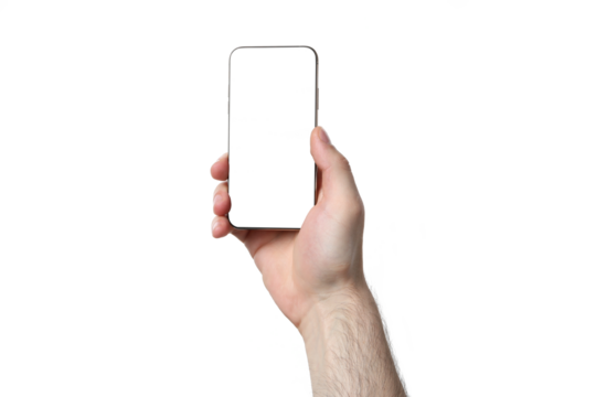 PNG,a man is holding a smartphone, isolated on white background
