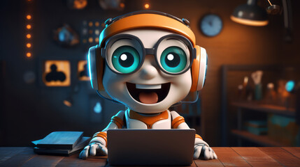 Happy 3D Artificial Intelligence Android using Laptop in Cartoon Style