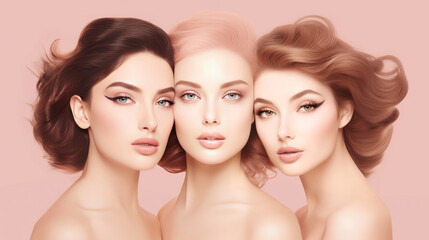 Portrait close up face of three beautiful woman on pink background, beauty, skincare, makeup and cosmetics