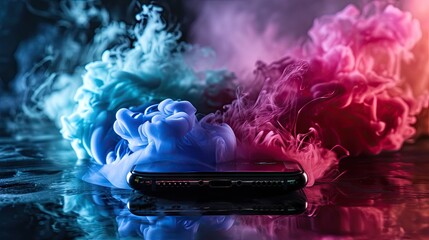 Smoke coming out of a mobile phone. Colorful background