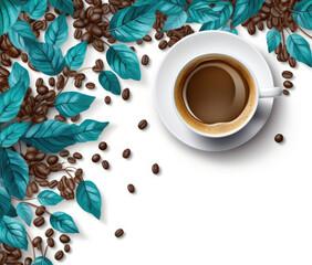 Cup of Coffee With Coffee Beans and Leaves - A Refreshing Morning Brew