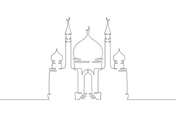 Big temple mosque. Religious building. Islam. Minarets and crescent.One continuous line drawing. Linear. Hand drawn, white background. One line.