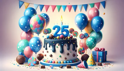 Fotobehang 25 year old birthday cake or 25 year anniversary cake celebration with balloons and party decoration  © Zense