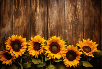 Group of Sunflowers on Wooden Table
