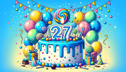 27 year old birthday cake or 27 year anniversary cake celebration with balloons and party decoration	 - obrazy, fototapety, plakaty