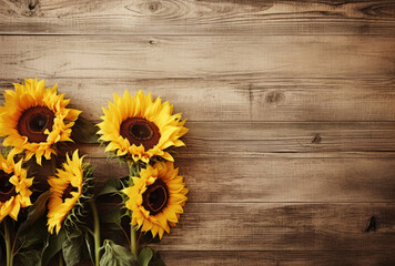 Sunflowers on Wooden Table, Beautiful Bunch of Blooms in a Natural Setting