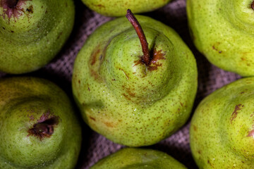 Green pears top view, still life