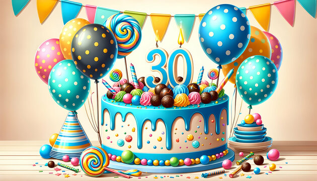 30 year old birthday cake or 30 year anniversary cake celebration with balloons and party decoration	