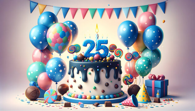 25 year old birthday cake or 25 year anniversary cake celebration with balloons and party decoration	