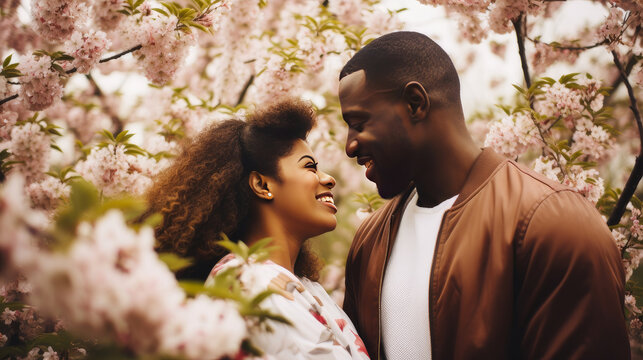 Portrait of an African couple in love, a man and a woman near blooming spring trees.
