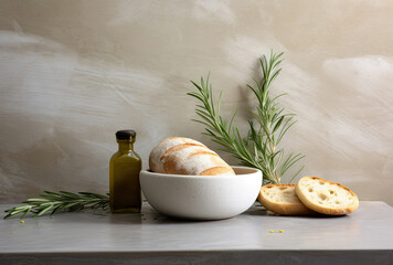 Bowl of Bread and Bottle of Olive Oil for a Delicious Meal - obrazy, fototapety, plakaty