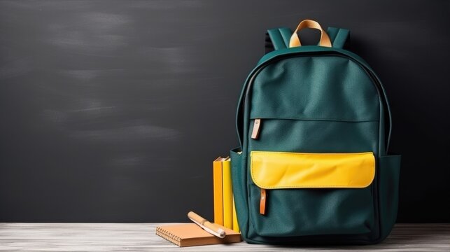 School bag with books and school stuff in the board. Back to school concept background  with copyspace, place for text.