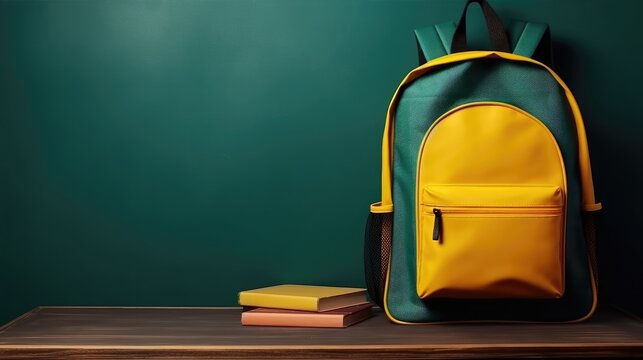 School bag with books and school stuff in the board. Back to school concept background  with copyspace, place for text.