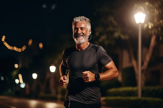 Senior male runner jogging at night on city street with street lights with night exercise concept