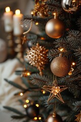 Obraz na płótnie Canvas Golden Vintage Christmas: Stylish Tree Decorations and Festive Atmosphere