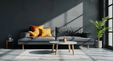 Luxurious Interior Design with Sofa and Coffee Table on Grey Concrete Floor - Mockup Empty Wall with Ample Space for Copy
