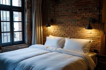 Elegant Contemporary Hotel Bedroom with Brown Brick Interior Design