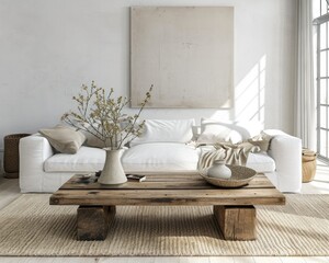 Fototapeta na wymiar Scandinavian Home Interior with Fireplace, Sofa and Coffee Table