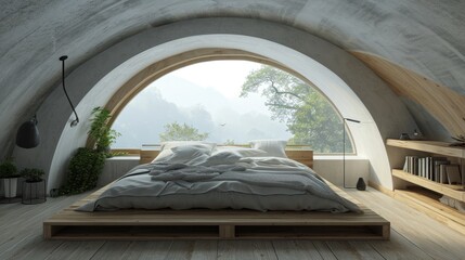 Obraz na płótnie Canvas Cozy Chalet Bedroom with Ellipse Window and Wooden Bed - Eco Hotel Interior Design