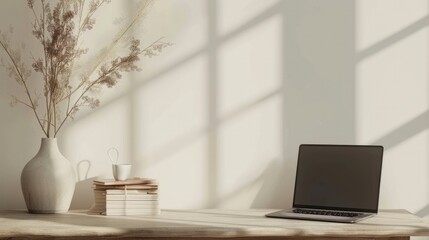 Minimalist Workspace with Neutral Tones: Laptop, Vase, and Journals on Wooden Desk