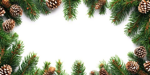 Fototapeta na wymiar Festive Fir Frame: Christmas Celebration with Tree Branches and Ornaments