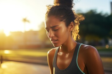 A female runner feels tired and sweaty after working out