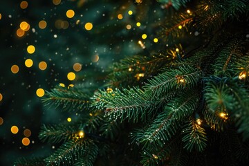 Obraz na płótnie Canvas Sparkling Close-Up: Christmas Tree Lights and Green Foliage