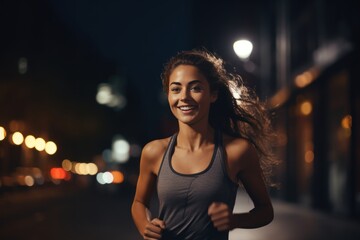 A young female runner jogging at night on a city street with street lights with night exercise concept