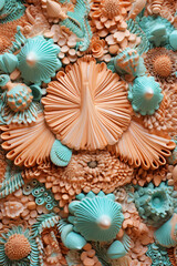 Artistic close-up of a textured coral and teal sea-inspired composition, resembling an underwater coral landscape.
