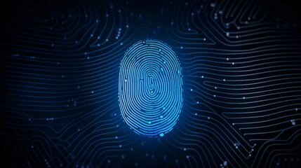 AI illustration of a blue glowing fingerprint icon over a dark blue circuit board background.