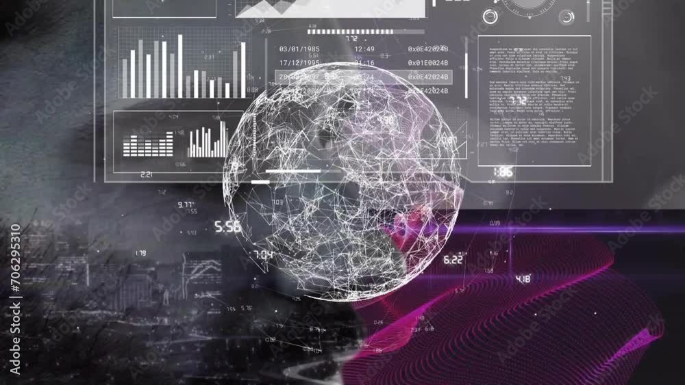 Poster animation of data processing and globe on black background