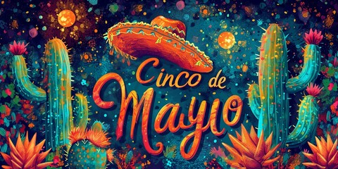 Happy Cinco de Mayo. Colorful holiday banner with Mexican sombrero, flowers and cacti  and...