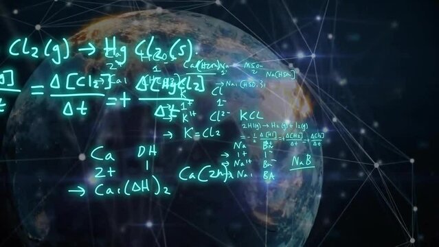 Animation of mathematical equations and globe on black background