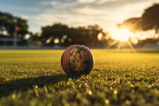 Cricket ball on sports field. Cricket match, cricket competition.
​