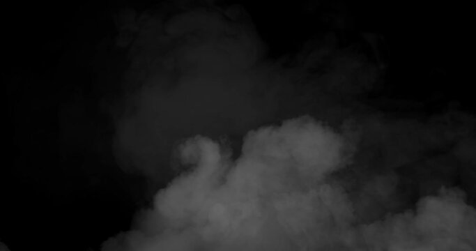 Animation of gray smoke trails and clouds on black background