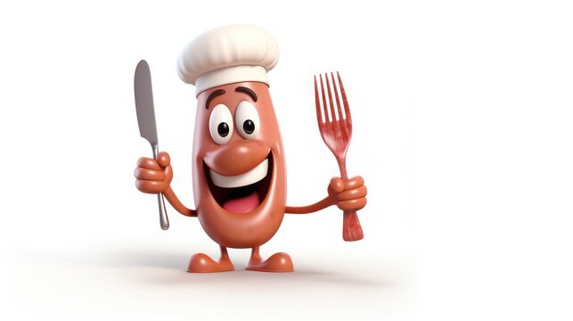 Sausage mascot cartoon character wearing a hat and holding a fork and knife for cooking.