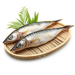 fresh raw two mackerel fish on a bamboo plate with transparent background created with Generative Ai