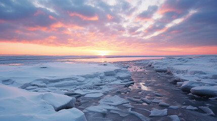 Fototapeta premium Winter River Flowing to the Sea. A river its edges frozen. Winter landscape with frozen river and colorful sunset sky