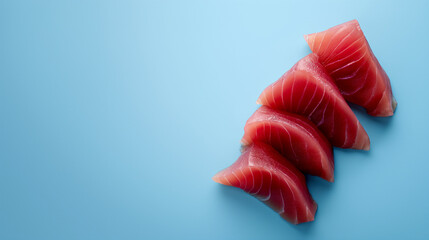 isolated,Tuna Sashimi on black plate,blank space for text 3 parts,blue background,black light blue white green blue black plate,World Tuna Day, Tuna Conservation, 2 May, Tuna,banner