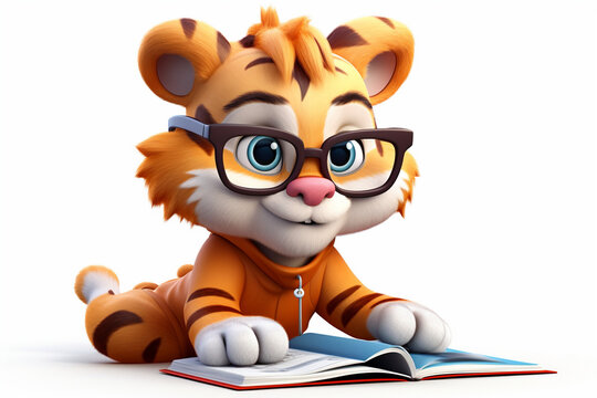 3D cartoon cute tiger reading and writing