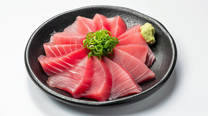 isolated,Tuna Sashimi on black plate,blank space for text 3 parts,blue background,black light blue white green blue black plate,World Tuna Day, Tuna Conservation, 2 May, Tuna,banner