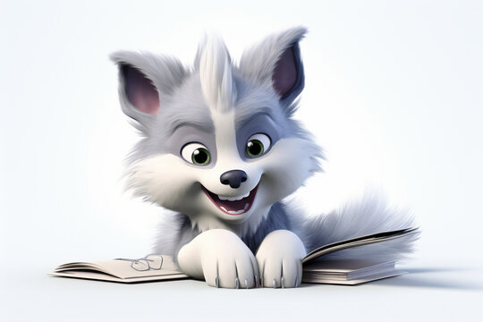 3D cartoon cute wolf reading and writing
