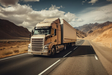 A white truck drives along the highway against the backdrop of mountains, generative AI