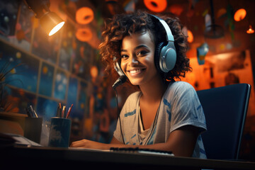 an African American girl who is wearing headphones and working in a call center, generative AI - obrazy, fototapety, plakaty