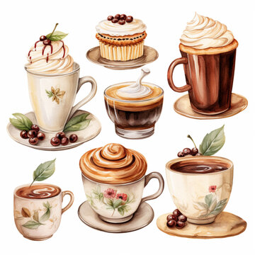 Gourmet Coffee and Dessert Selection - Watercolor Illustration