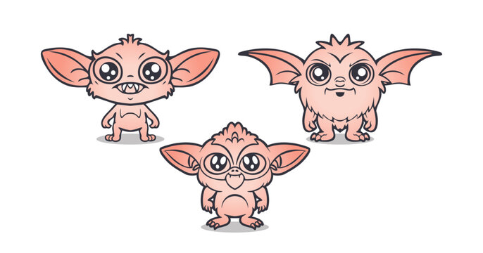 Vector set of funny cute cartoon eared little gremlin animals. Collection of icons of mythical fairy tale fantasy friendly baby trolls. Stickers or badges. White isolated background.
